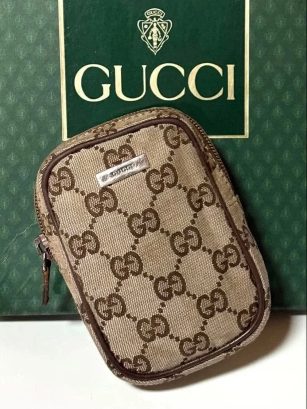 Gucci Brown Beige GG Monogram Cosmetic Pouch